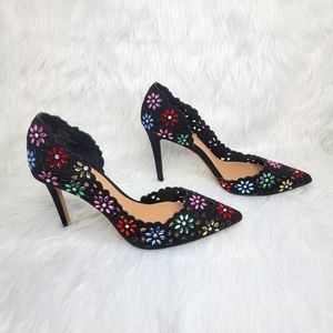 INC International Concepts black pumps pointed toe multi colored floral heels.
